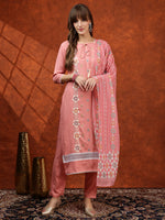 Thumbnail for Floral Embroidered Tie Up Neck Kurta With Pant & Dupatta, Pink - Hiral Fashion - Distacart
