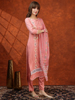 Thumbnail for Floral Embroidered Tie Up Neck Kurta With Pant & Dupatta, Pink - Hiral Fashion - Distacart