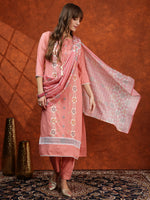 Thumbnail for Floral Embroidered Tie Up Neck Kurta With Pant & Dupatta, Pink - Hiral Fashion - Distacart