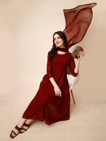 Thumbnail for Schiffly Embroidered Flared Kurta With Pant & Dupatta, Maroon - Hiral Fashion - Distacart