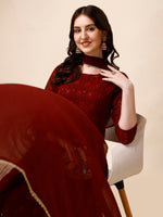 Thumbnail for Schiffly Embroidered Flared Kurta With Pant & Dupatta, Maroon - Hiral Fashion - Distacart