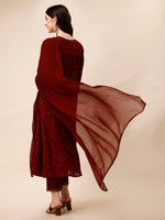 Thumbnail for Schiffly Embroidered Flared Kurta With Pant & Dupatta, Maroon - Hiral Fashion - Distacart