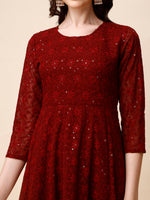 Thumbnail for Schiffly Embroidered Flared Kurta With Pant & Dupatta, Maroon - Hiral Fashion - Distacart