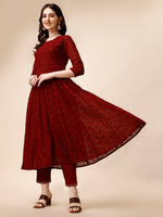 Thumbnail for Schiffly Embroidered Flared Kurta With Pant & Dupatta, Maroon - Hiral Fashion - Distacart