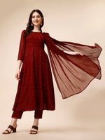 Thumbnail for Schiffly Embroidered Flared Kurta With Pant & Dupatta, Maroon - Hiral Fashion - Distacart