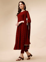 Thumbnail for Schiffly Embroidered Flared Kurta With Pant & Dupatta, Maroon - Hiral Fashion - Distacart