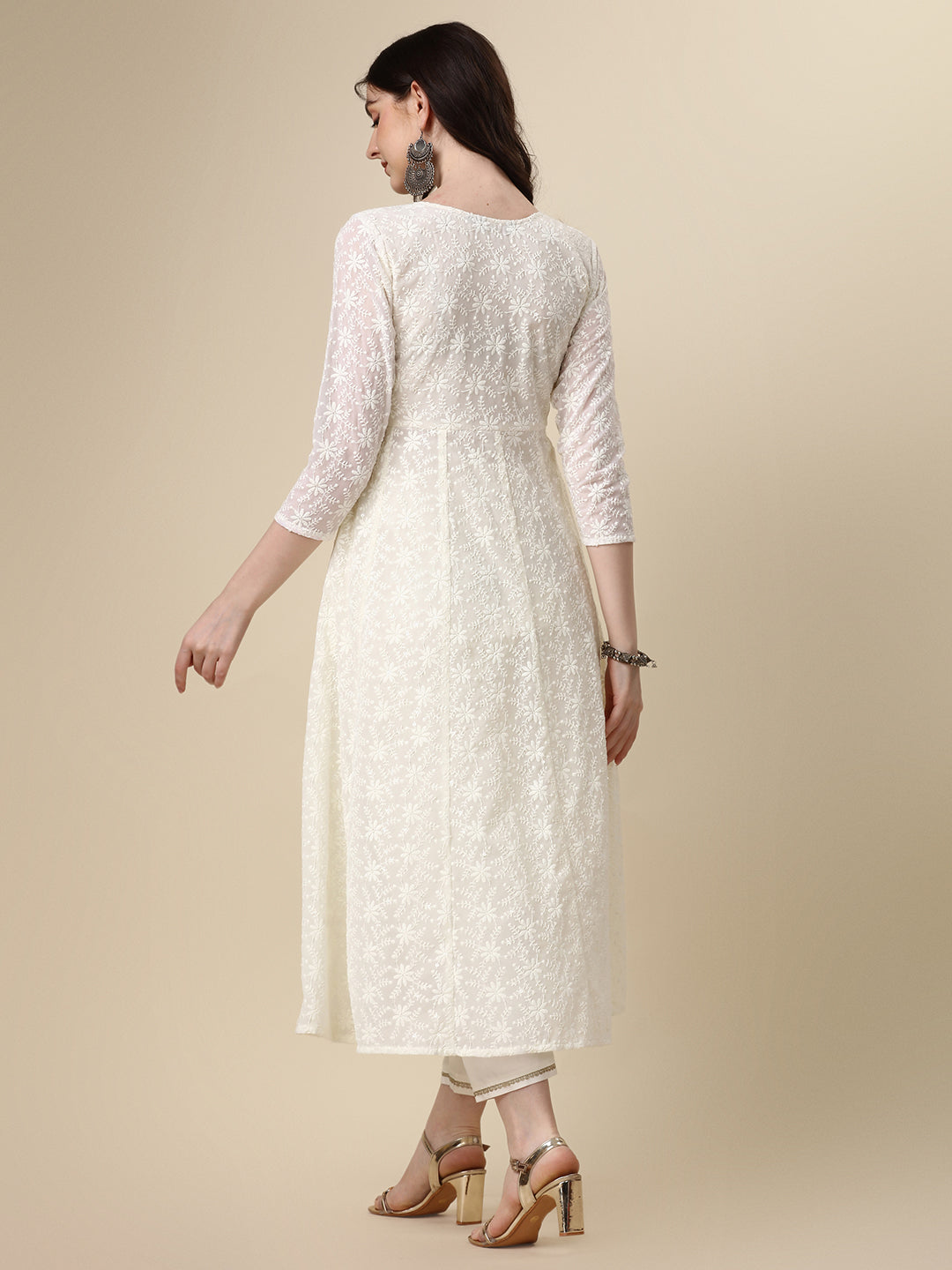 Schiffly Embroidered Flared Kurta With Pant & Dupatta, White - Hiral Fashion - Distacart