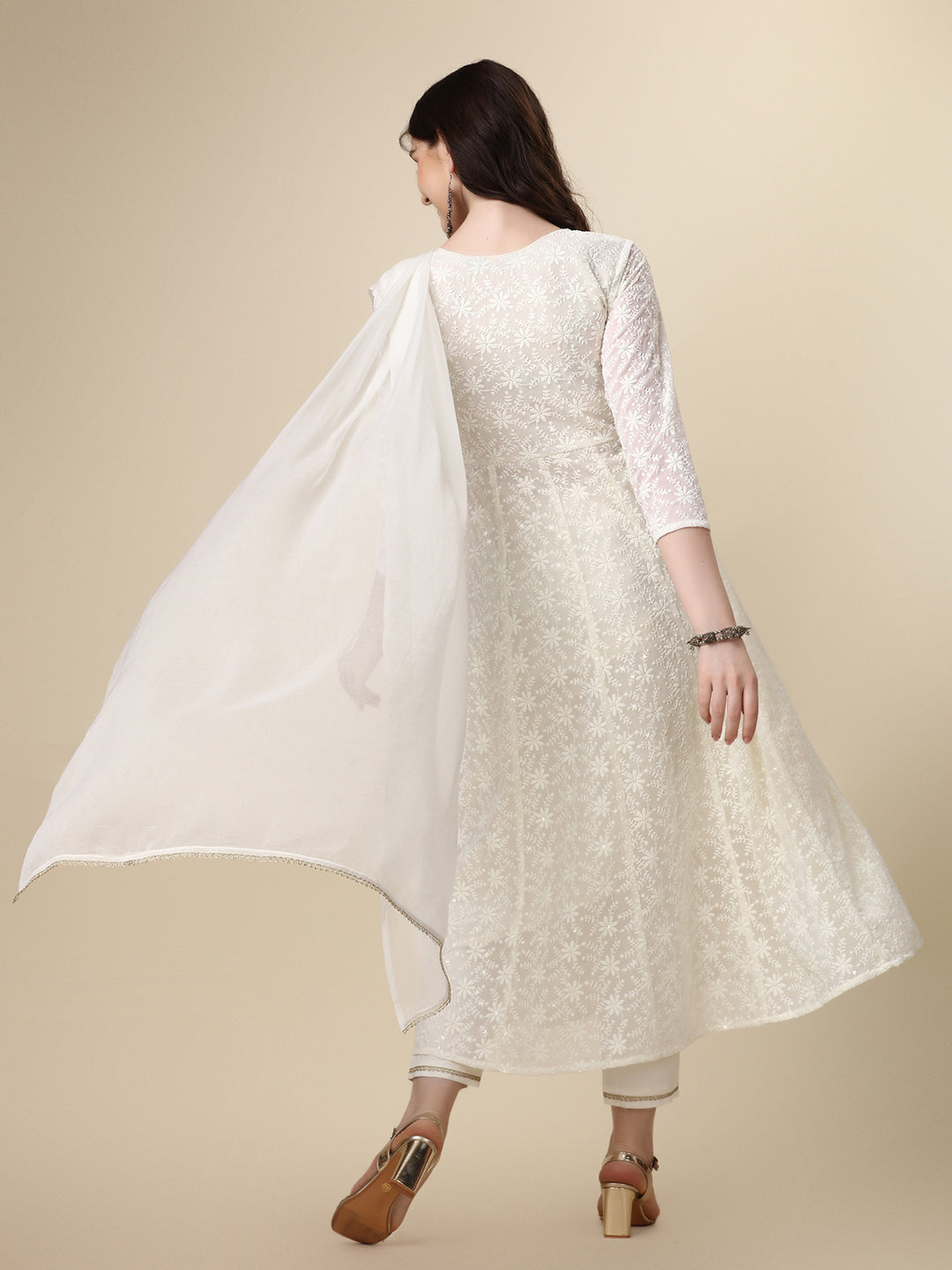 Schiffly Embroidered Flared Kurta With Pant & Dupatta, White - Hiral Fashion - Distacart