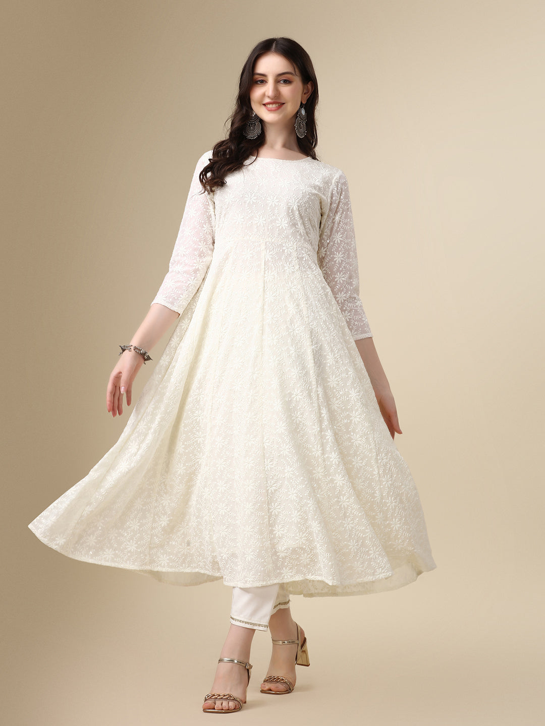 Schiffly Embroidered Flared Kurta With Pant & Dupatta, White - Hiral Fashion - Distacart