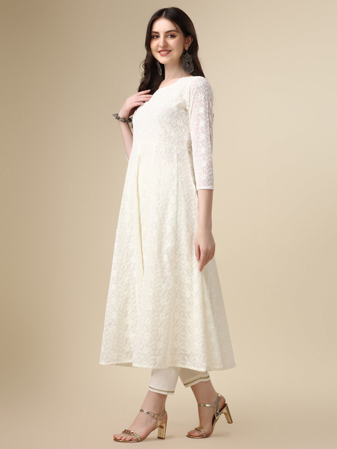 Schiffly Embroidered Flared Kurta With Pant & Dupatta, White - Hiral Fashion - Distacart