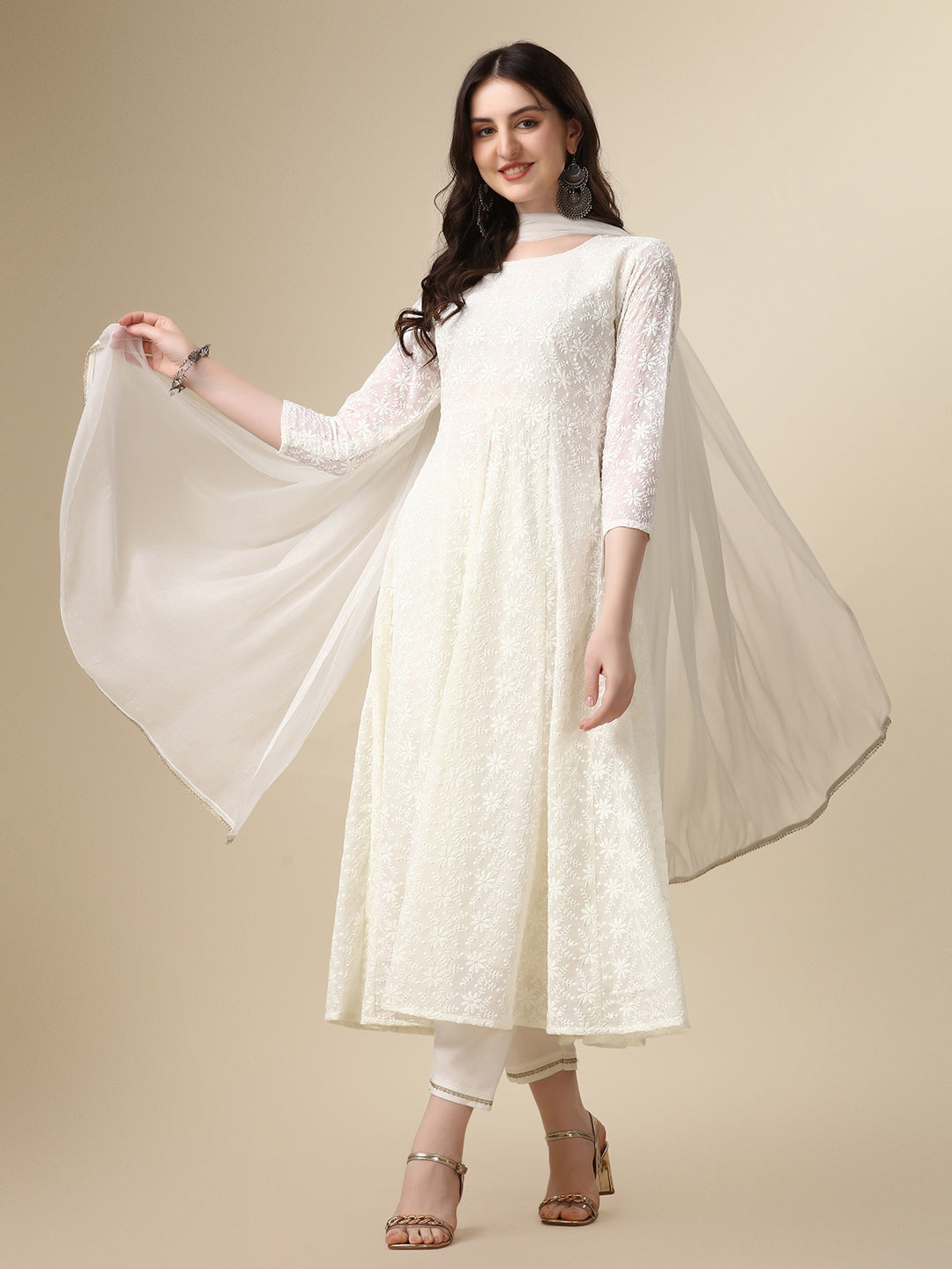 Schiffly Embroidered Flared Kurta With Pant & Dupatta, White - Hiral Fashion - Distacart