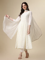 Thumbnail for Schiffly Embroidered Flared Kurta With Pant & Dupatta, White - Hiral Fashion - Distacart