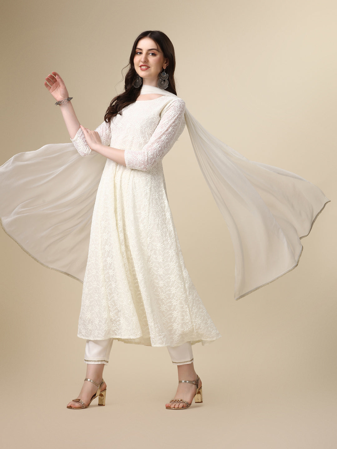 Schiffly Embroidered Flared Kurta With Pant & Dupatta, White - Hiral Fashion - Distacart
