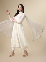 Thumbnail for Schiffly Embroidered Flared Kurta With Pant & Dupatta, White - Hiral Fashion - Distacart