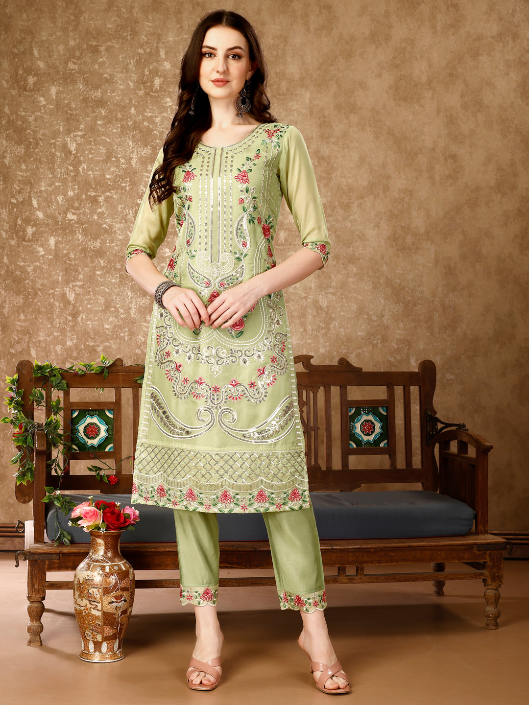 Pakistani Embroidered Kurta With Embroidered Pant & Embroidered Organza Dupatta Luxury Premium, Multicolor - Hiral Fashion - Dista