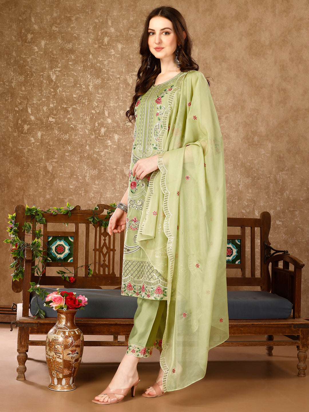Pakistani Embroidered Kurta With Embroidered Pant & Embroidered Organza Dupatta Luxury Premium, Multicolor - Hiral Fashion - Dista