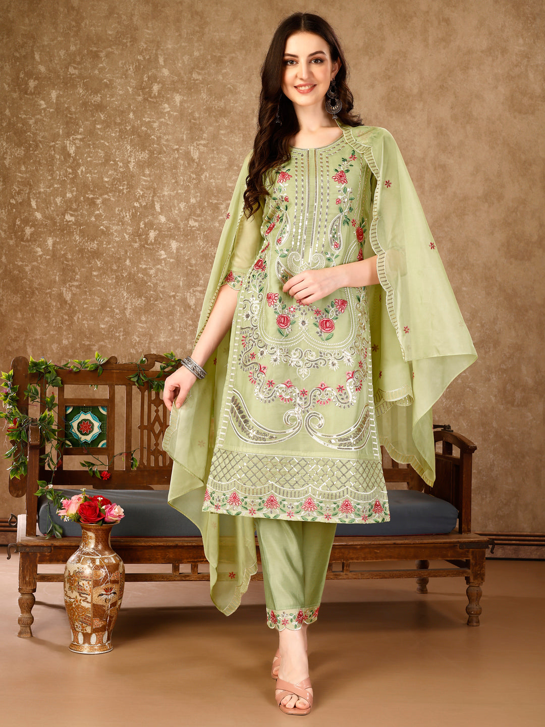 Pakistani Embroidered Kurta With Embroidered Pant & Embroidered Organza Dupatta Luxury Premium, Multicolor - Hiral Fashion - Dista