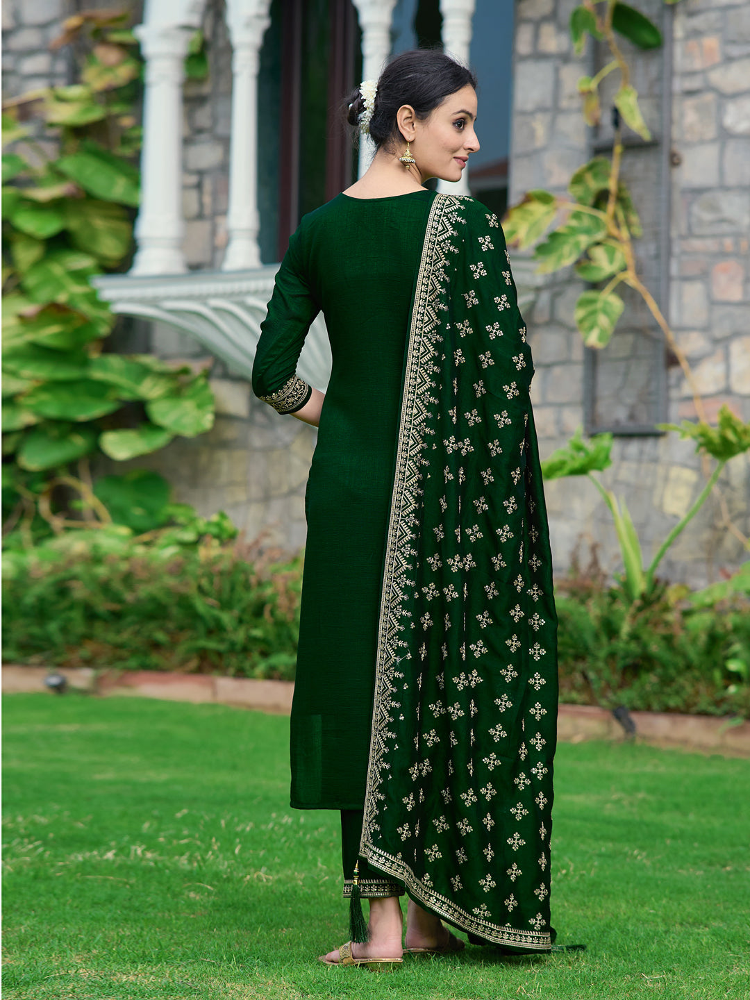 Embroidered Kurta With Pant & Embroidered Dupatta, Bottle-Green - Hiral Fashion - Distacart