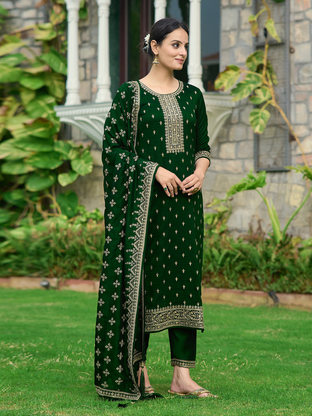 Embroidered Kurta With Pant & Embroidered Dupatta, Bottle-Green - Hiral Fashion - Distacart