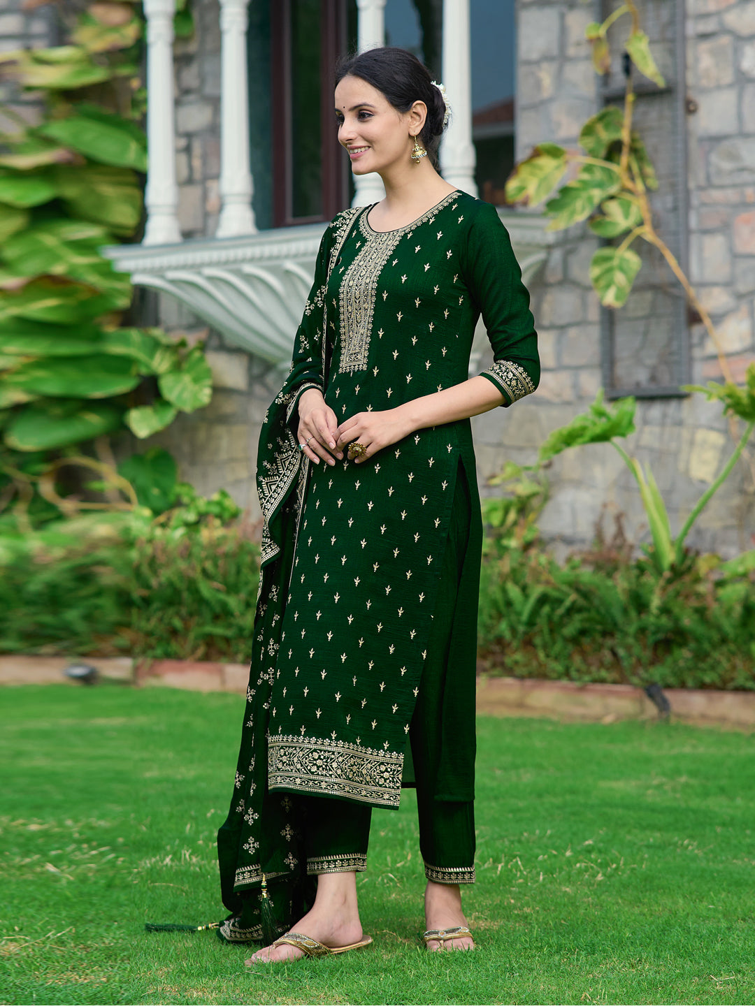 Embroidered Kurta With Pant & Embroidered Dupatta, Bottle-Green - Hiral Fashion - Distacart