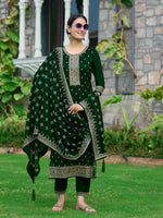 Thumbnail for Embroidered Kurta With Pant & Embroidered Dupatta, Bottle-Green - Hiral Fashion - Distacart