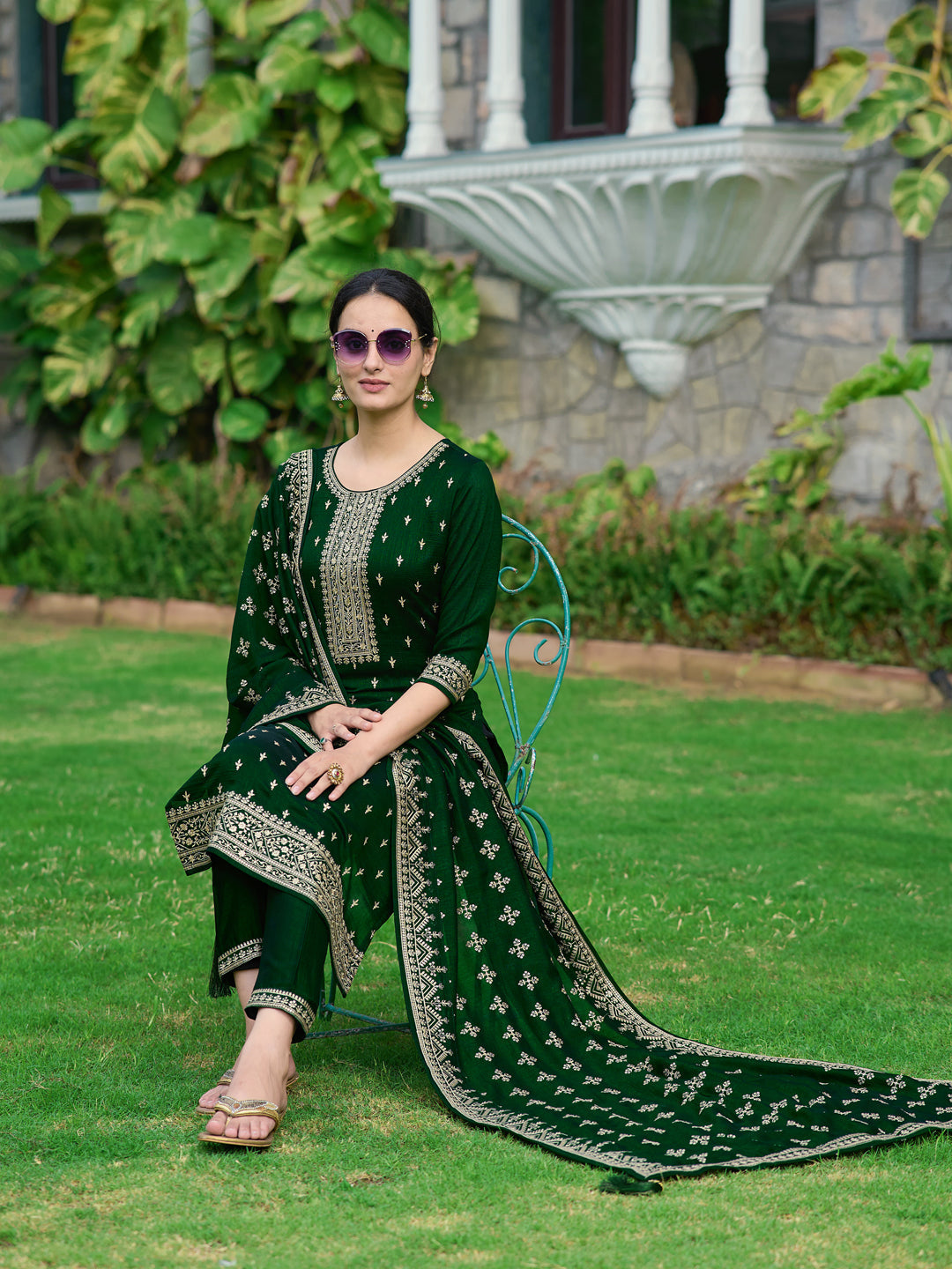 Embroidered Kurta With Pant & Embroidered Dupatta, Bottle-Green - Hiral Fashion - Distacart