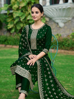 Thumbnail for Embroidered Kurta With Pant & Embroidered Dupatta, Bottle-Green - Hiral Fashion - Distacart
