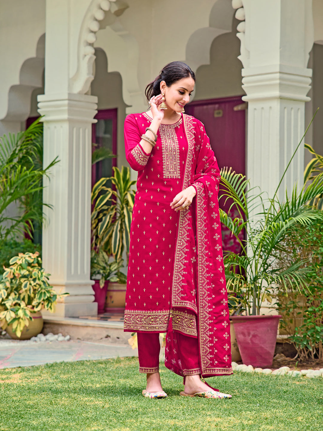 Embroidered Kurta With Pant & Embroidered Dupatta, Pink - Hiral Fashion - Distacart