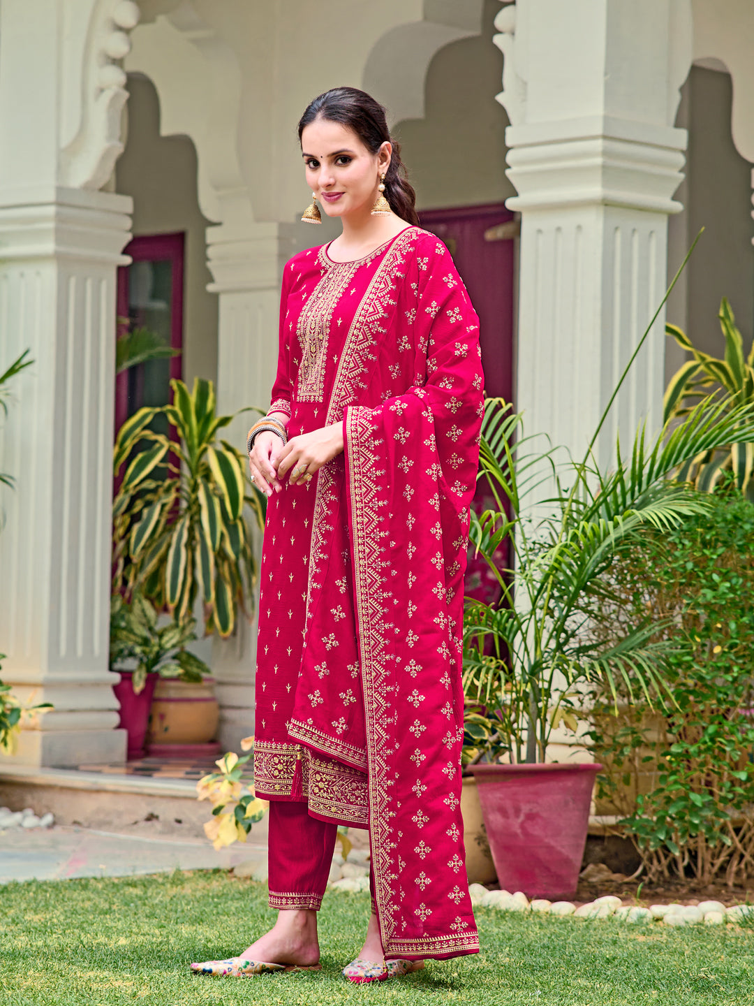 Embroidered Kurta With Pant & Embroidered Dupatta, Pink - Hiral Fashion