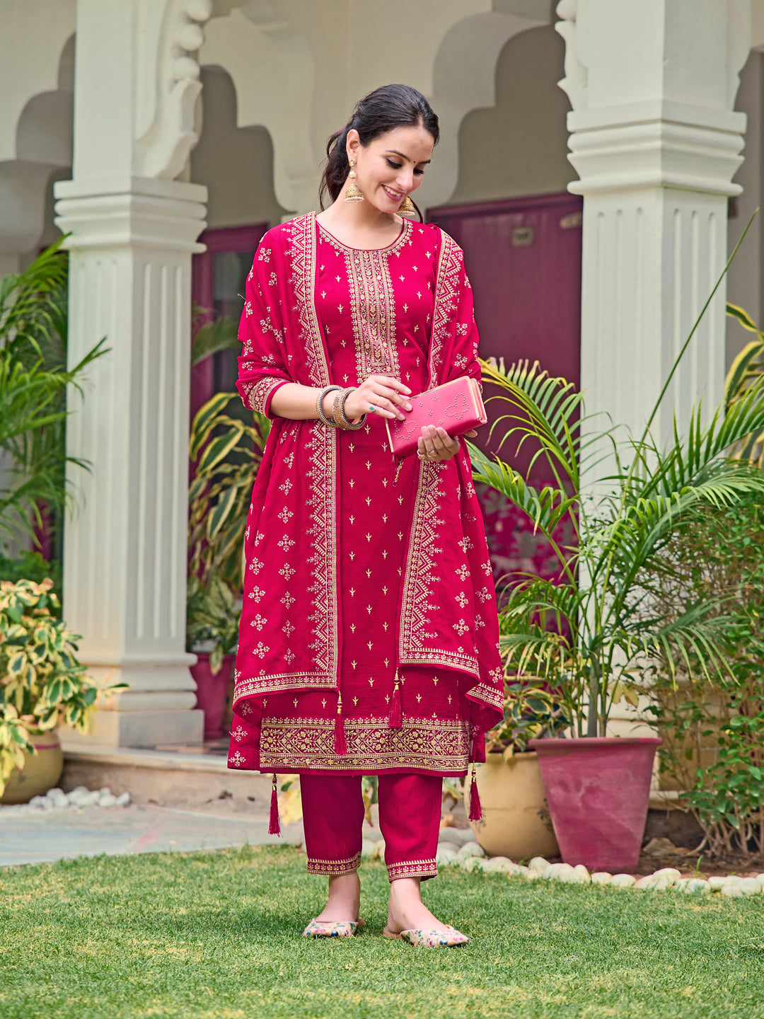 Embroidered Kurta With Pant & Embroidered Dupatta, Pink - Hiral Fashion - Distacart