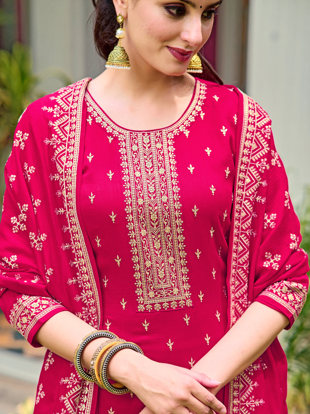 Embroidered Kurta With Pant & Embroidered Dupatta, Pink - Hiral Fashion - Distacart