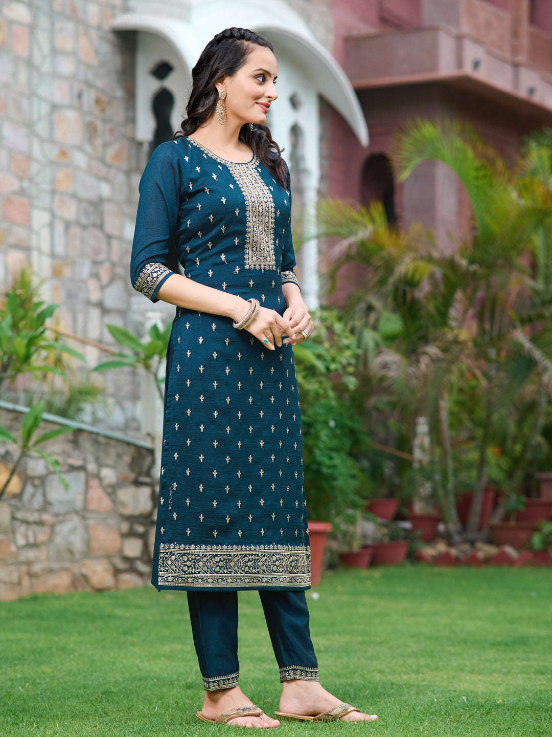 Embroidered Kurta With Pant & Embroidered Dupatta, Navy Blue - Hiral Fashion - Distacart