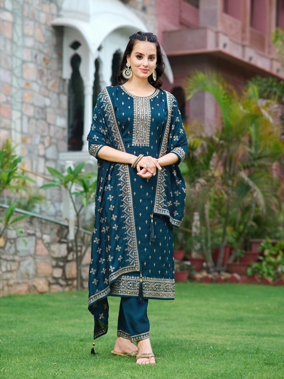 Embroidered Kurta With Pant & Embroidered Dupatta, Navy Blue - Hiral Fashion - Distacart