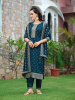 Thumbnail for Embroidered Kurta With Pant & Embroidered Dupatta, Navy Blue - Hiral Fashion - Distacart