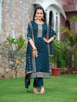 Thumbnail for Embroidered Kurta With Pant & Embroidered Dupatta, Navy Blue - Hiral Fashion - Distacart