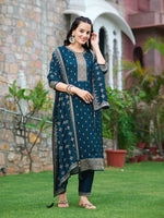 Thumbnail for Embroidered Kurta With Pant & Embroidered Dupatta, Navy Blue - Hiral Fashion - Distacart