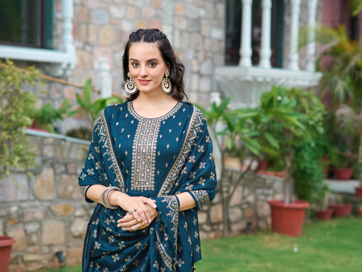 Embroidered Kurta With Pant & Embroidered Dupatta, Navy Blue - Hiral Fashion - Distacart
