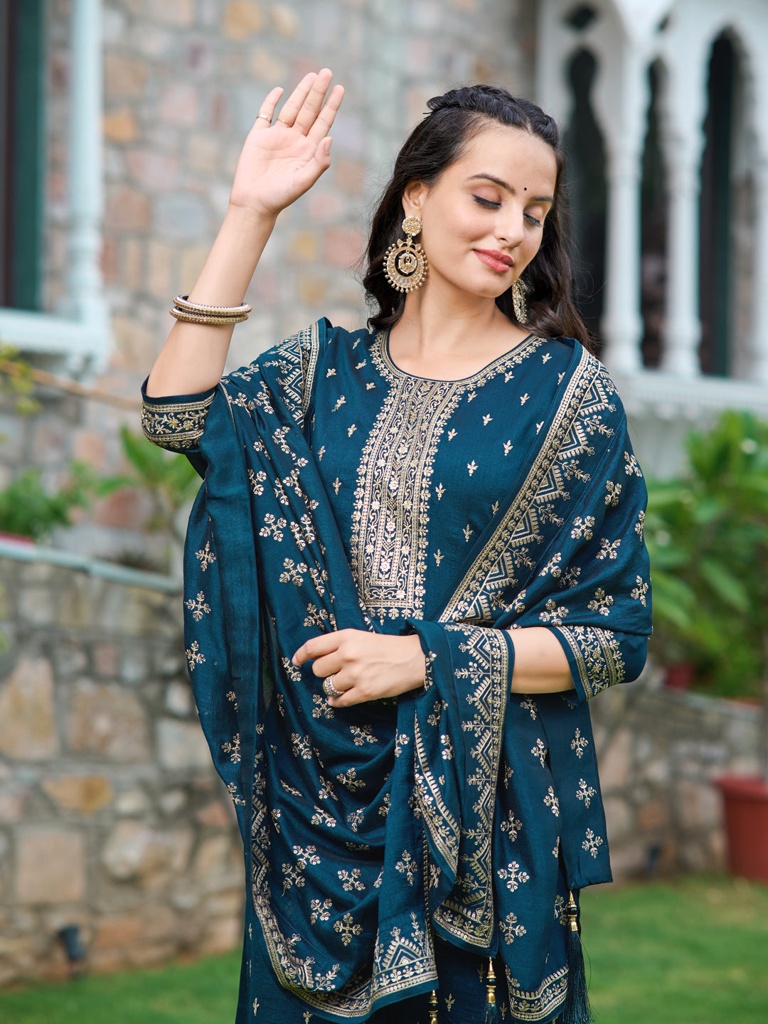 Embroidered Kurta With Pant & Embroidered Dupatta, Navy Blue - Hiral Fashion - Distacart