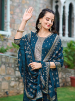 Thumbnail for Embroidered Kurta With Pant & Embroidered Dupatta, Navy Blue - Hiral Fashion - Distacart