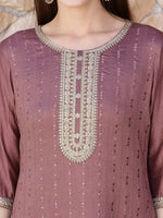 Thumbnail for Sequined Embroidered Silk Blend Kurta With Pant & Embroidered Dupatta, Mauve - Hiral Fashion - Distacart