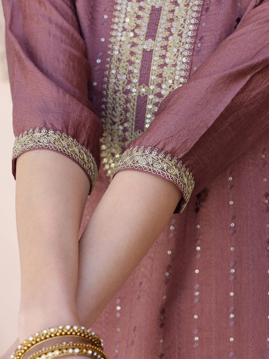 Sequined Embroidered Silk Blend Kurta With Pant & Embroidered Dupatta, Mauve - Hiral Fashion - Distacart