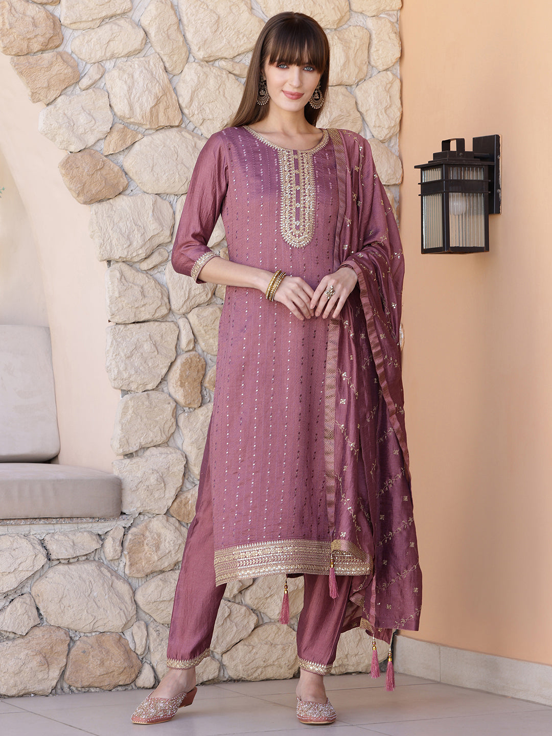 Sequined Embroidered Silk Blend Kurta With Pant & Embroidered Dupatta, Mauve - Hiral Fashion - Distacart