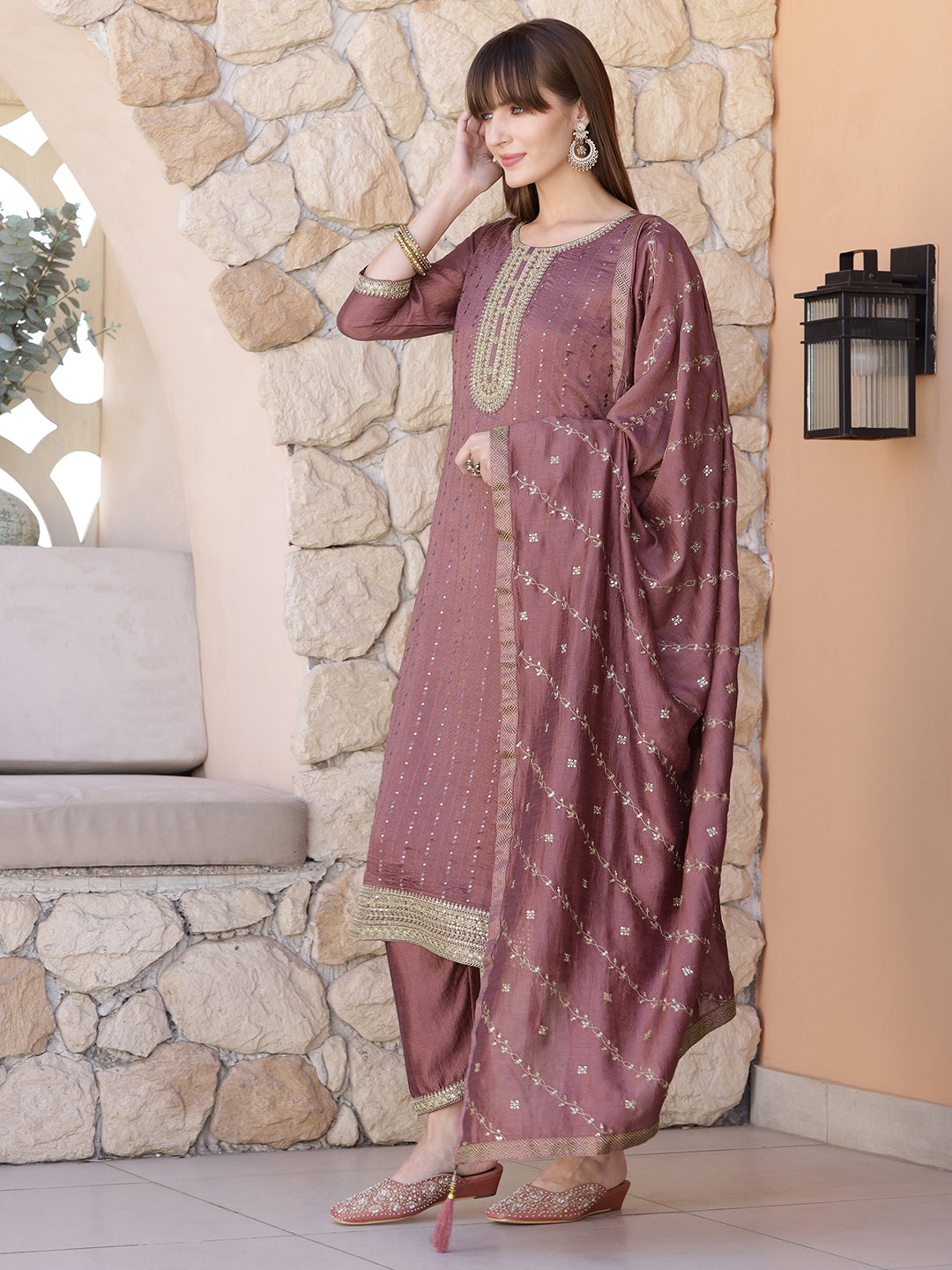 Sequined Embroidered Silk Blend Kurta With Pant & Embroidered Dupatta, Mauve - Hiral Fashion - Distacart