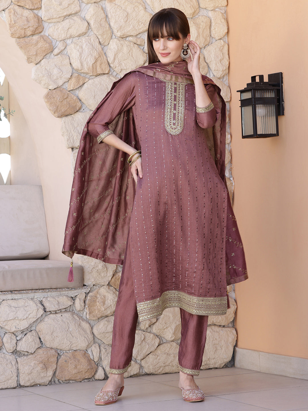 Sequined Embroidered Silk Blend Kurta With Pant & Embroidered Dupatta, Mauve - Hiral Fashion - Distacart