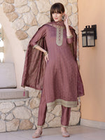 Thumbnail for Sequined Embroidered Silk Blend Kurta With Pant & Embroidered Dupatta, Mauve - Hiral Fashion - Distacart