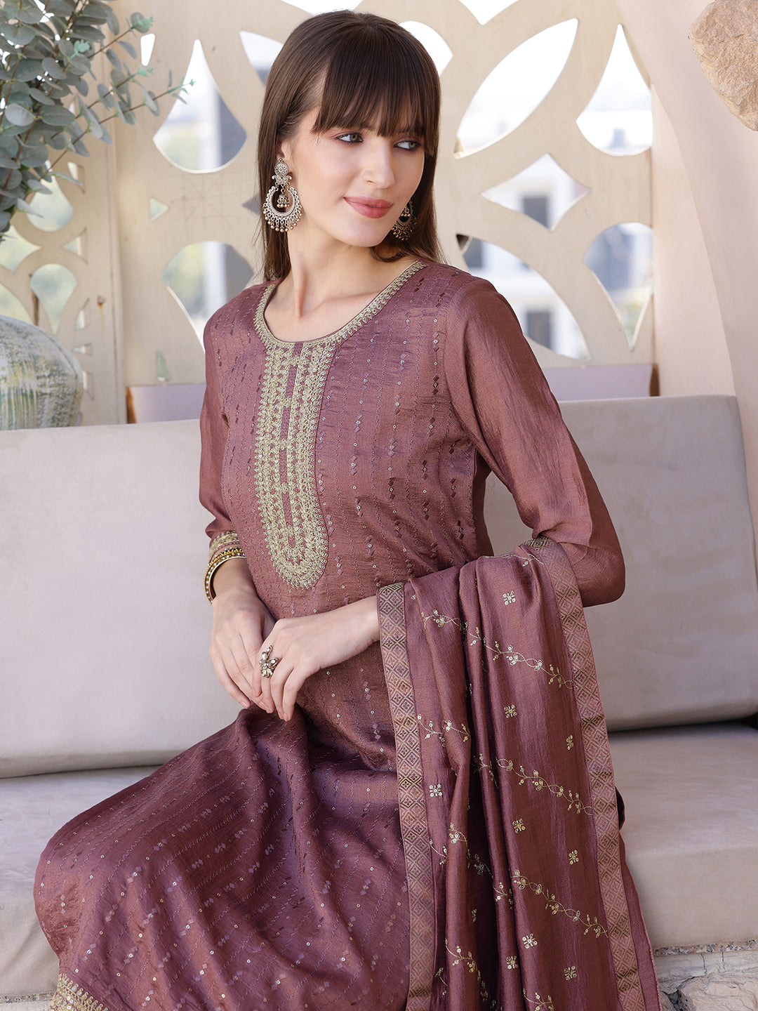 Sequined Embroidered Silk Blend Kurta With Pant & Embroidered Dupatta, Mauve - Hiral Fashion - Distacart