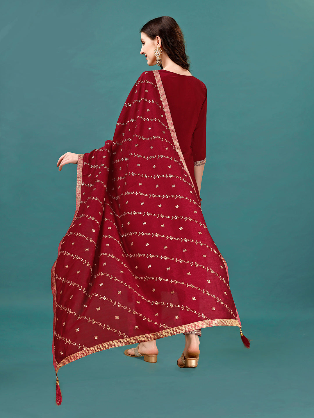 Sequined Embroidered Straight Kurta With Trousers & With Embroidered Dupatta Premium, Multicolor - Hiral Fashion - Distacart