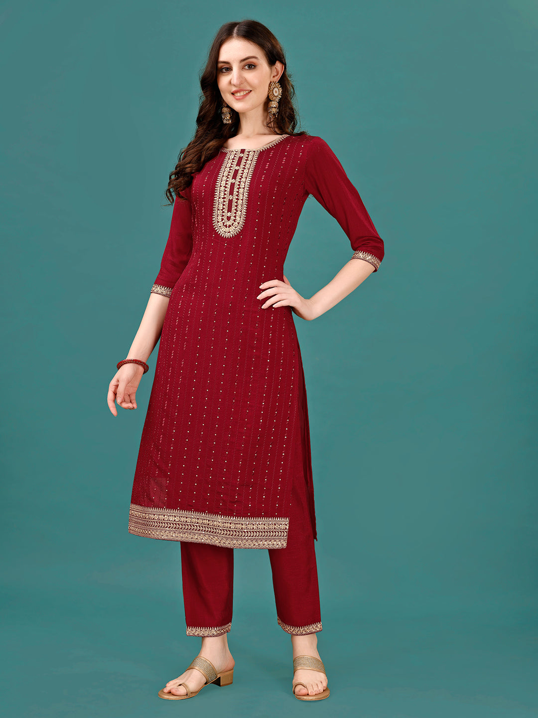 Sequined Embroidered Straight Kurta With Trousers & With Embroidered Dupatta Premium, Multicolor - Hiral Fashion - Distacart