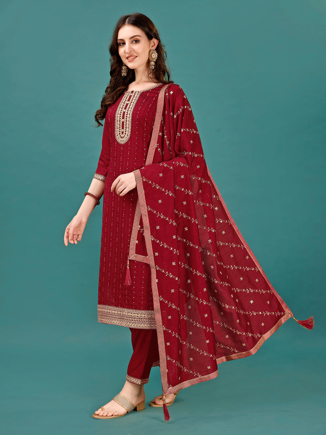 Sequined Embroidered Straight Kurta With Trousers & With Embroidered Dupatta Premium, Multicolor - Hiral Fashion - Distacart