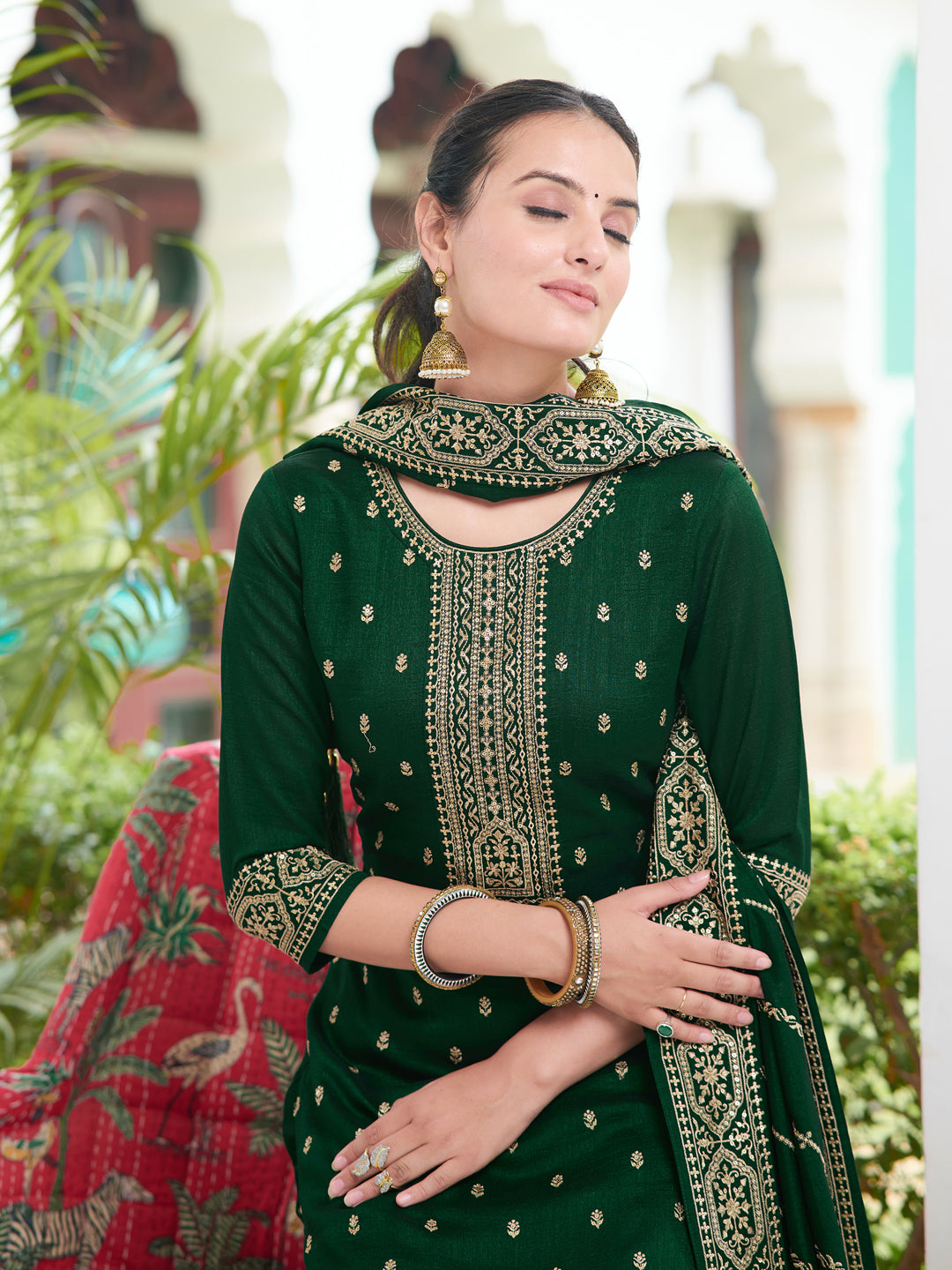 Embroidered Kurta With Pant & Embroidered Dupatta, Bottle-Green - Hiral Fashion - Distacart